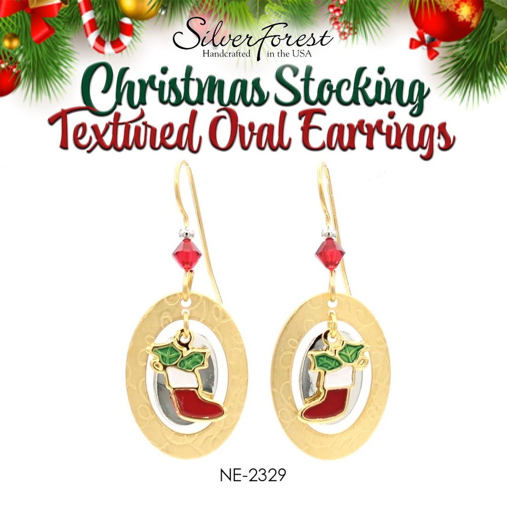 Silver Forest Christmas Stocking in Textured Oval Earrings Style Number NE-2329